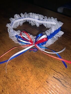 Blue and White Lace Garter with Red, White & Blue Bow